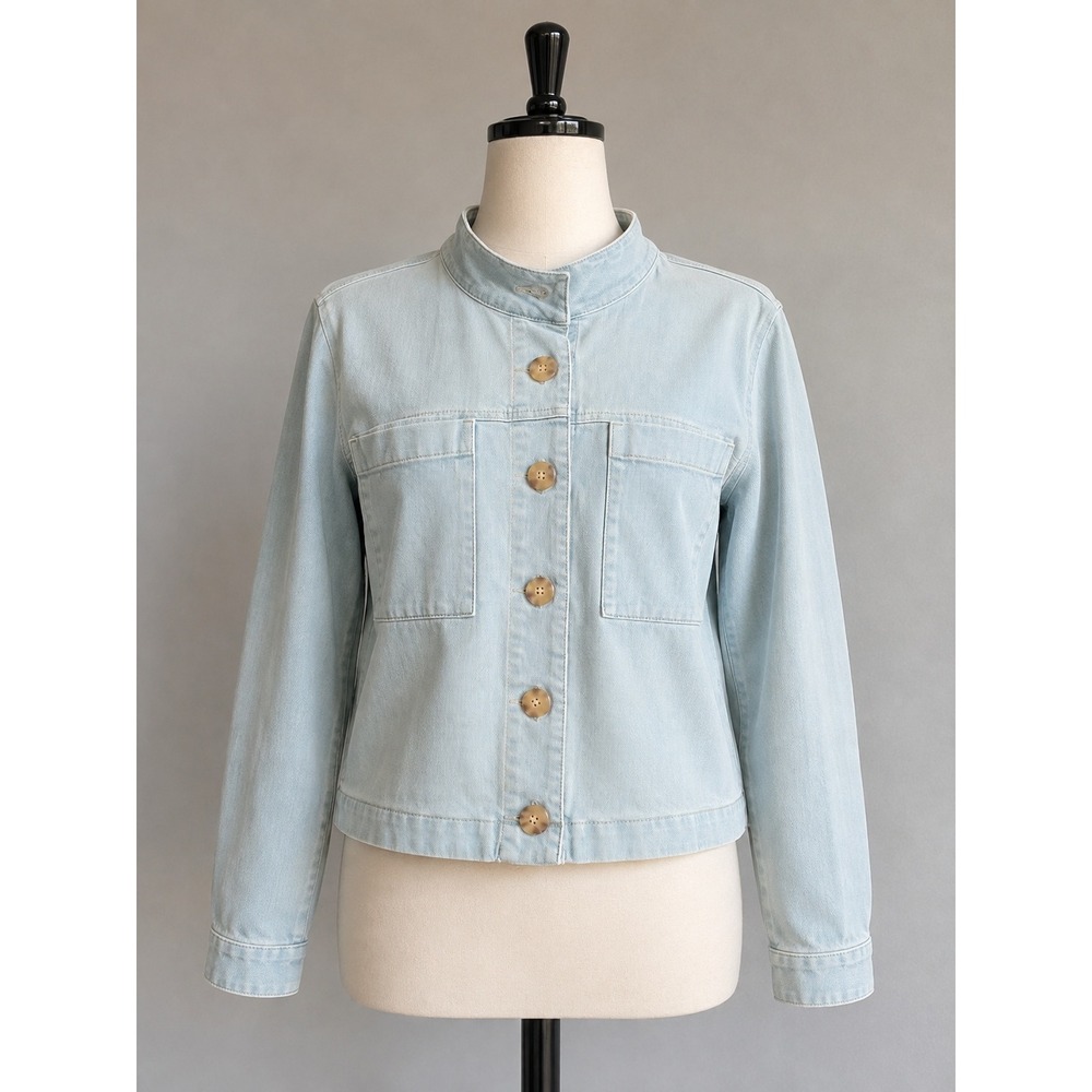 J. Jill Light Wash Denim Jacket Mock Neck Button Front Blue Cotton Blend Large